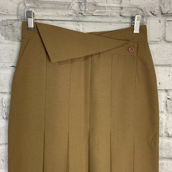 Vintage Camel Pleated High Rise Asymmetric Waist Midi Skirt - Picture 2 of 15